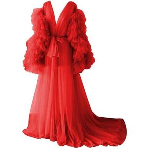 Lange Mouw Geplooide Moederschap Tule Gewaad Voor Fotoshoot Zwangere Badjas Pure Lingerie Nachtjapon AH141, Rood, 32
