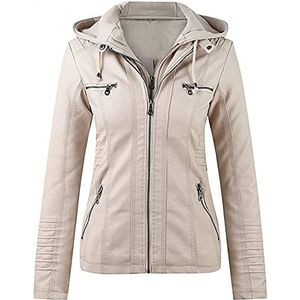 Dames leren jas slim fit imitatie leren jas herfst winter biker jack korte dames jas voor de herfst, lente met ritsen capuchon (Color : Beige, Size : L)