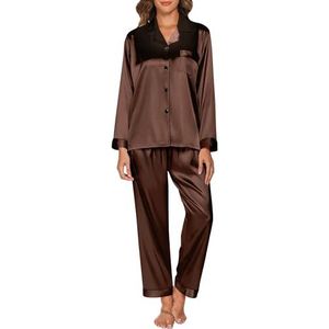Pyjama Dames Satijnen Pyjama Set met knoopsluiting, Tweedelige Zijden Pyjama Voor Dames, V-hals Zachte Zijden Pyjama Nachtkleding, Loungewear Voor Alle Seizoenen