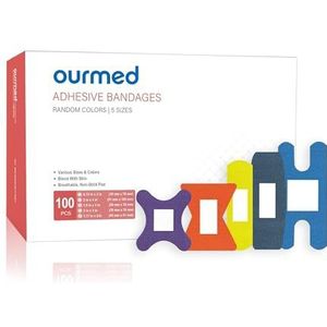 Ourmed Flexibele stoffen bandages met niet-klevende pad, latexvrij, regenboogkleuren, zelfklevende bandage, eerste hulp, wound care voor snijden, krassen, blisters, verschillende maten, 100 stuks
