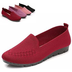 Women Breathable Flats Shoes Slip On Soft Mesh Ladies Loafers, Knit Round Toe Casual Orthopedic Sandals (37,red)