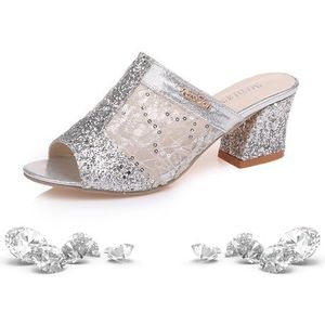 Siersandalen met glitterpailletten, glittersandalen voor dames, lage hak, elegante fonkelende sandalen, bling-schoenen, Zilver, 41 EU