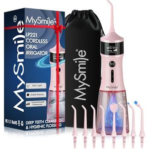 MySmile LP221 UVC steriliseerbare draadloze waterflossers voor tanden, 335 ml, draagbaar OLED-display, tandflosser met 4 modi, 8 straalpunten en een opbergzakje voor thuis en op reis (Sappig Roze)