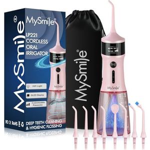 MySmile LP221 UVC steriliseerbare draadloze waterflossers voor tanden, 335 ml, draagbaar OLED-display, tandflosser met 4 modi, 8 straalpunten en een opbergzakje voor thuis en op reis (Sappig Roze)