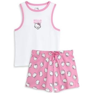 Hello Kitty Dames Wit en Roze Vest en Shorts Pyjamaset | Hello Kitty Print Nachtkleding | Mouwloze Loungewear | Cartoon Karakter Pyjama