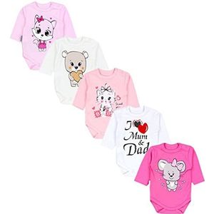 TupTam Baby Rompertjes met Lange Mouwen en Print Set van 5, I love Mum Dad/Wit/Kat/Muis/Roze/Beer/Ecru, 98