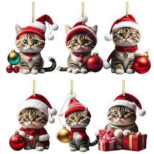 2D Kerstkat hangende decoraties, 7,5 cm, schattig kitten met kerstbal, mini-kerstboomversieringen, dubbelzijdig bedrukte hangers voor kattenliefhebbers, Kerstmis woondecoratie