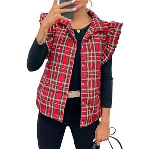 Wintervest Gewatteerd Geruit Donsvest For Dames, Mouwloos Gewatteerd Herfst- En Wintervest Met Ruches Mouwloos Vest(XL)