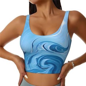 Geelblauwe kunst - Crop tops voor dames sportbeha U-rug verwijderbare gewatteerde crop workout tanktop met ingebouwde bh's, slanke pasvorm mouwloze atletische vesten, Blauwe kunst, S