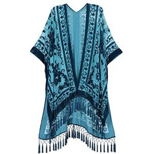 MJ SERECA Dames Burnout Velvet Kimono Lange Cardigan Cover Up Met Kwastje, Aquamarijn