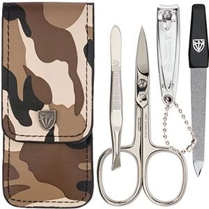 DREI SCHWERTER - 4-delige nagelverzorgingsset 'Capri' | Hoogwaardige nageletui voor manicure en pedicure. Kleur: kunstleer in camouflage | Inhoud: nagelschaar, nagelknipper, pincet, saffier nagelvijl