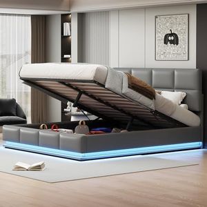 YuQozii Gestoffeerd bed, 180 x 200 cm, met hydraulisch verhoogde bedopbergruimte, bedlade en lattenbodem, bekleding van kunstleer, tweepersoonsbed, voor volwassenen en tienerbed (lichtgrijs)