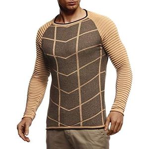 Leif Nelson Gebreide trui voor heren, ronde hals, dunne gebreide trui voor winter en zomer, coole crewneck herentrui met ronde kraag, beige-zwart, M