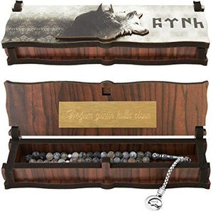 Gök-Türk Box doos met gravure van hout handgemaakt & Tesbih gebedsketting '2 wolven' Bozkurt oud Turks, 22 centimeters, Metaal Hout, zonder steen