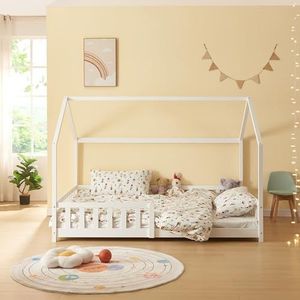 [en.casa] Kinderbed Hesel huisbed met matras 120x200 cm wit wit met uitvalbeveiliging en lattenbodem vloerbed jeugdbed houten bed