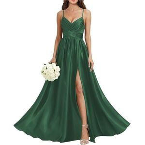HPPEE Satijnen bruidsmeisjesjurk met V-hals, voor bruiloft, spaghettibandjes, galajurk, lange baljurk, Emerald Groen, 32