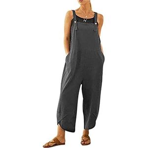 LINKE Overall voor dames casual losse tuinbroek zacht katoen linnen baggy jumpsuit verstelbare bandjes met zakken, M-5XL, Grijs, 5XL