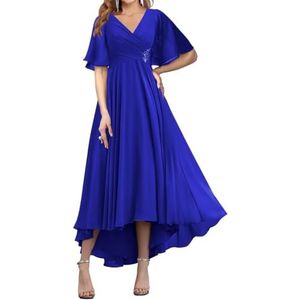 WSEYU Korte Mouw Moeder Van De Bruid Bruidegom Jurken Chiffon Kralen Formele Avond Grootmoeder Jurken Thee Lengte ZM194, koningsblauw, 32