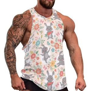 Lente bloemen met schattige konijnen heren tanktop grafische mouwloze bodybuilding T-shirts casual strand T-shirt grappige sportschool spier