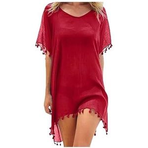 Cover Ups Voor Vrouwen Strandkleding Vrouwen Bikini Cover Ups Jurk Zwemmen Zomer Strand Badpak Baggy Tuniek Tops T-Shirt Vrouwen Katoenen Blouse Badpak Cover Ups Voor Vrouwen (Rood)