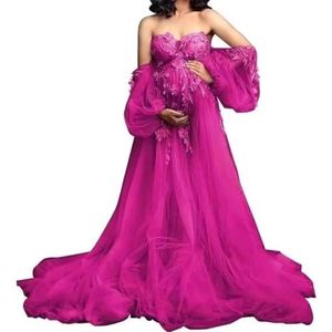 Off Shoulder Pluizige Tule Robe Zwangerschapsjurk voor fotoshoot Lange Lingerie Baby Shower Zwangerschap Jurk AH046, Fuchsia, 36