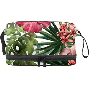 Grote capaciteit reizen cosmetische tas,Tropische witte bloemen bloem,Make-up tas,Waterdichte make-up tas organisator, Meerkleurig, 27x15x14 cm/10.6x5.9x5.5 in