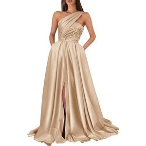 KIYNE Dames galajurken met één schouder en steekzakken, mouwloos, A-lijn baljurk korset, formele jurk, Champagne, 32