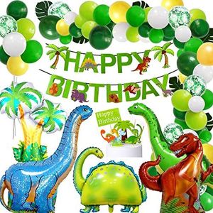 Dinosaurus Verjaardagsfeest Decoraties Gelukkige Verjaardag Banner en Ballon Set, Folie Dinosaurus Ballon Boog Kit Dinosaurus Cake Toppers, Jongens Verjaardag Decor Jungle Groene Feestbenodigdheden