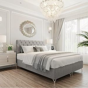 Boxspringbed GracePLUS 160 x 200 cm, grijs, tweepersoonsbed, bed met bonellmatras, topper en bedkast, glamour, gestoffeerd bed met zilveren poten van 12 cm, modern, slaapkamer, vintage, slaapkamerbed