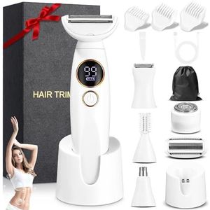 Elektrisch scheerapparaat voor dames, 5-in-1, intieme damestrimmer, elektrisch scheerapparaat met oplaadbaar USB-station, tondeuse voor dames, voor lichaam, oksels, bikini, wenkbrauwen en neus