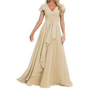 Prinses Bruidsmeisjes Jurken Flutter Mouw Galajurken Chiffon Formele Avondfeest Maxi Jurk met Split ZM189, Champagne, 32