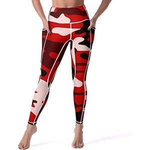 Rode Camouflage Vrouwen Yoga Broek met Zakken Hoge Taille Legging Panty voor Workout Gym