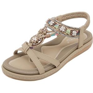 EFLALYHG Sandalen Dames Platte Sandalen Comfortabele Boheemse Strass Pantoffels Enkelband Buiten Wandel Strandschoenen,Apricot,36 EU