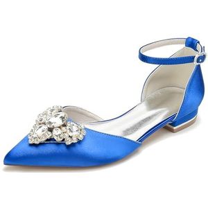 EICOFF Vrouwen Gesloten Puntige Teen Satijn Schoenen Dames Lage Hakken Bridal Flats Pumps Strass Enkelband Bruiloft Jurk Party Dress Sandalen,Royal blue,41 EU