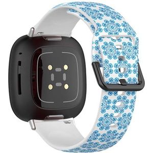 Zachte sportband compatibel met Fitbit Sense / Sense 2 / Versa 4 / Versa 3 (blauwe bloemen Poolse folk rose lelie madeliefje zonnebloem) siliconen armband accessoire