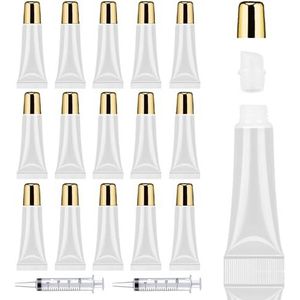 AMORIX 50 stuks lipgloss containers 10 ml gouden lipgloss tubes lege lippenbalsem tubes knijpen tubes lipgloss benodigdheden lipgloss kit voor lipgloss base + 2 x 20 ml spuiten en etiketten
