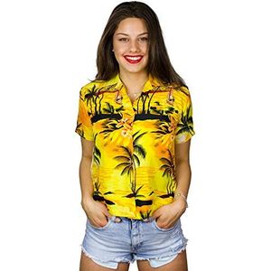 King Kameha Funky Hawaïblouse voor dames, korte mouwen, voorzak, Hawaii-print, strand, surf patroon, Surf geel, L