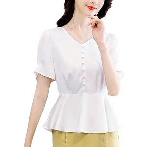 Dvbfufv Dames elegante V-hals effen kleur chiffon blouses tops vrouwen zomer casual losse kantoor pullover shirt, Wit, L