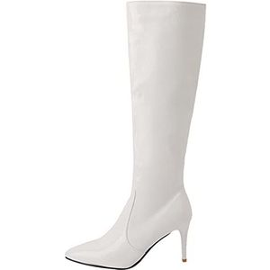 Onewus Elegante dijbeenlaarzen voor dames met stiletto-hakken en puntige kant voor feestjes, wit 3, 42 EU