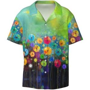 Abstracte Stijl Kleurrijke Bloemen Print Heren Jurk Shirts Atletische Slim Fit Korte Mouw Casual Business Button Down Shirt, Zwart, XXL