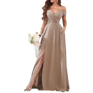 Dames chiffon bruidsmeisjes jurken met split lange galajurken ruches cocktailjurk plus size, Taupe, 32