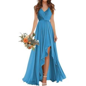 SAMHO Ruches V-hals bruidsmeisjes jurken met split chiffon lang korset A-lijn ruches bruiloft formele feestjurk, Blauw, 48