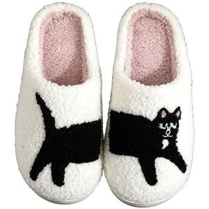 JadeRich Unisex Leuke Cartoon Hond Kat Slippers Warm Pluche Memory Foam Dier Indoor Slippers Fuzzy Thuis Schoenen, Zwarte Kat, 7/8 UK