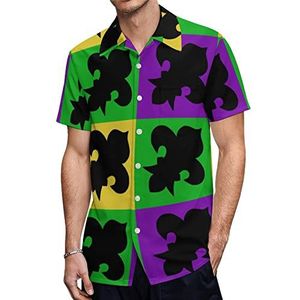 Mardi Gras Fleur De Lis Hawaiiaanse shirts voor heren, korte mouwen, casual overhemd met knopen, vakantie, strandshirts, 2XS