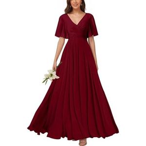 KURFACE Bruidsmeisjesjurken met V-hals en mouwen voor dames, geplooid, chiffon, bruidsmeisje, vloerlengte, formele feestjurk, Bordeaux, 32
