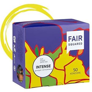 FAIR SQUARED 50 Intense condooms, sterk geribbeld, veganistisch, duurzaam en eerlijk natuurlijk rubber, LGBTQ, met rubberen doppen voor meer rek