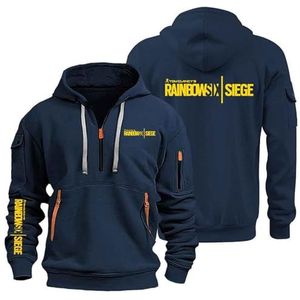 AHYAOFA R.a.in.bo.w S.IX S.ie.g.e Sweatshirt met capuchon voor heren, comfortabel, sportief, jas met capuchon, lange mouwen, halve ritssluiting, Marineblauw-3, 38-40 Alto