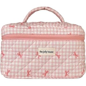Geruite schattige cosmetische tas met rits make-up organizer opbergtas katoen gewatteerde cosmetische organizer tas voor vrouwen en meisjes, PINK, L, esthetische/bloemen