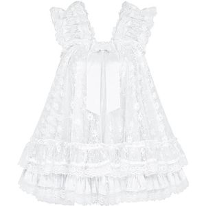 Satini Lingerie Satijn Sissy Babydoll Ruche Frilly Kant Nachtpon Negligé Cosplay Nachtkleding Jurk (Wit - Wit, XL)