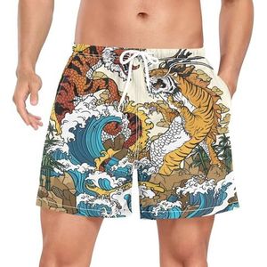 Vintage Chinese Dragon Tiger Animal Men's Swim Trunks Shorts Sneldrogend met Zakken, Leuke mode, M